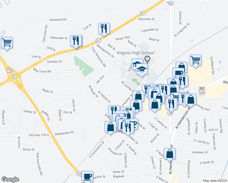 map of restaurants, bars, coffee shops, grocery stores, and more near 331 North Longview Street in Kilgore