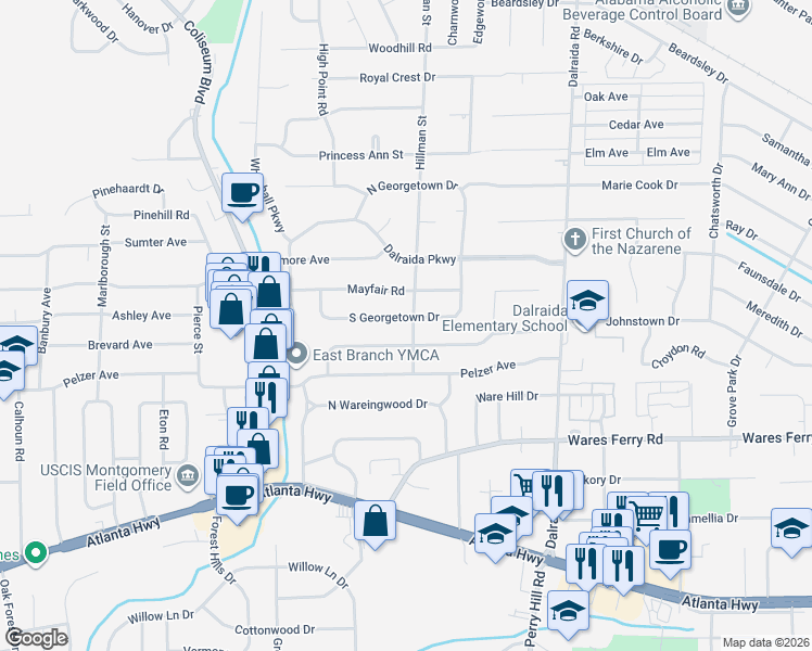 map of restaurants, bars, coffee shops, grocery stores, and more near 3590 South Georgetown Drive in Montgomery