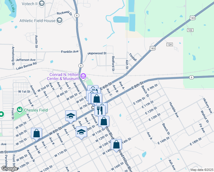 map of restaurants, bars, coffee shops, grocery stores, and more near 300 East 6th Street in Cisco