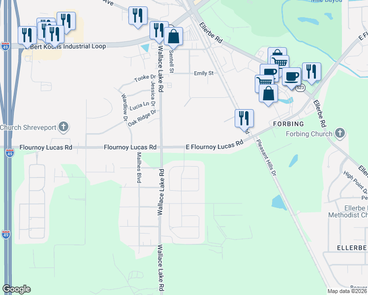 map of restaurants, bars, coffee shops, grocery stores, and more near 100-188 East Flournoy Lucas Road in Shreveport