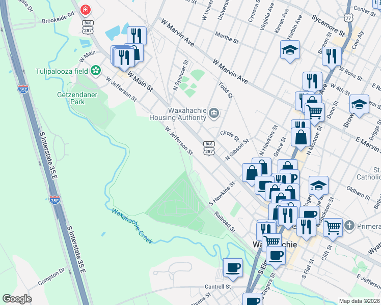 map of restaurants, bars, coffee shops, grocery stores, and more near 815 West Jefferson Street in Waxahachie