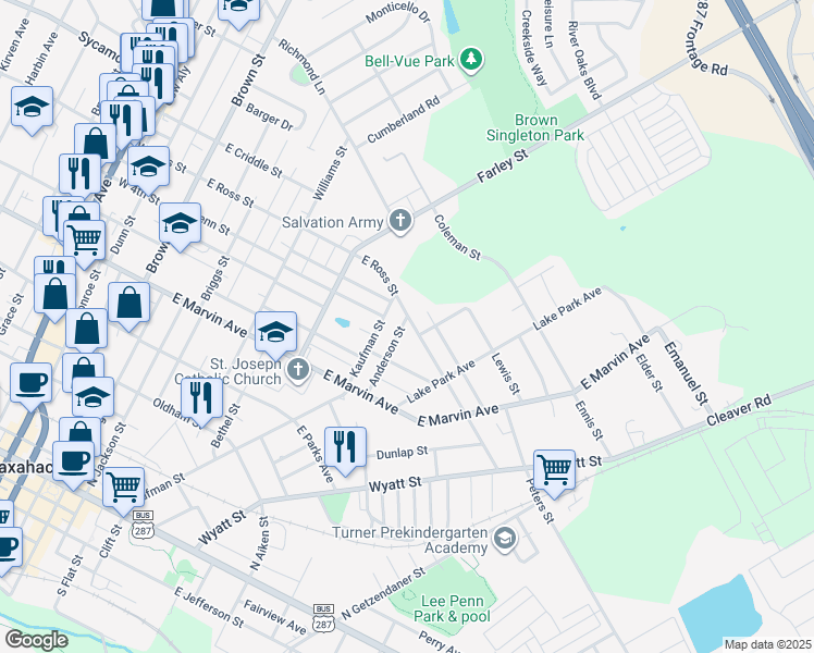 map of restaurants, bars, coffee shops, grocery stores, and more near 702 East Ross Street in Waxahachie