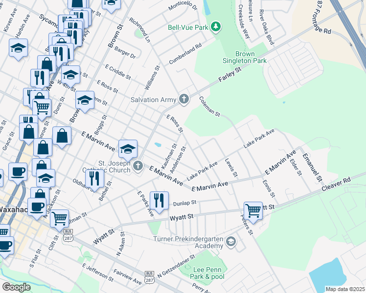 map of restaurants, bars, coffee shops, grocery stores, and more near 702 East Ross Street in Waxahachie