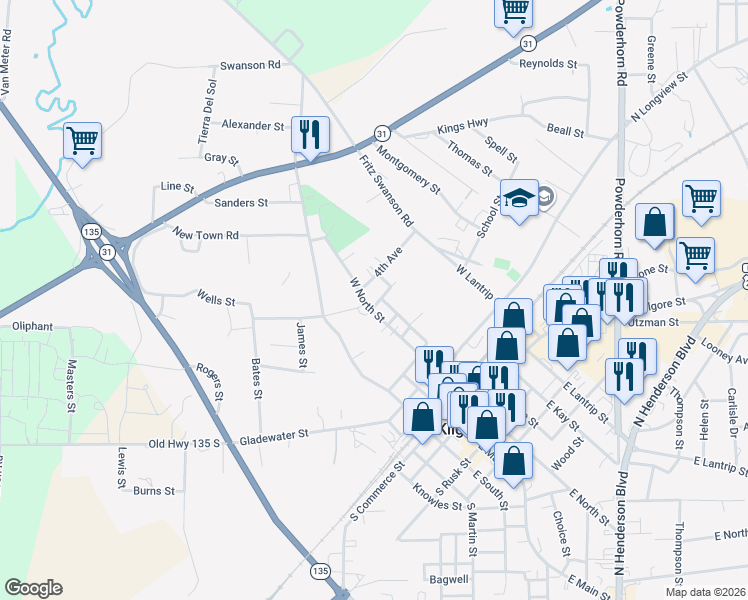 map of restaurants, bars, coffee shops, grocery stores, and more near 203 3rd Ave in Kilgore