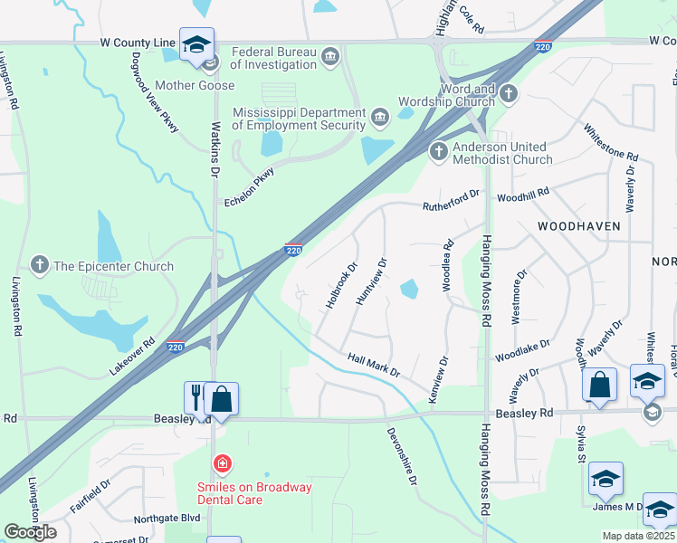map of restaurants, bars, coffee shops, grocery stores, and more near 5959 Holbrook Drive in Jackson