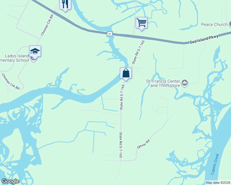map of restaurants, bars, coffee shops, grocery stores, and more near 78 State Road S-7-165 in Saint Helena Island