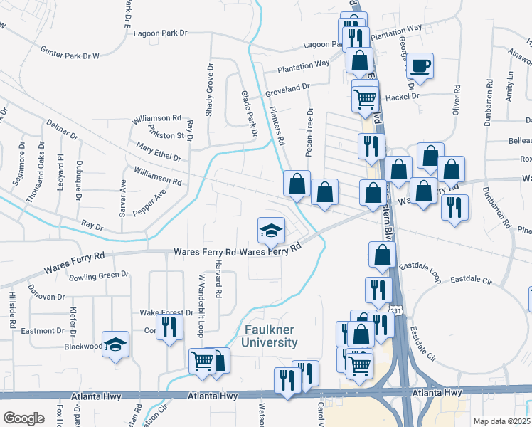 map of restaurants, bars, coffee shops, grocery stores, and more near 563 Hollow Wood Road in Montgomery