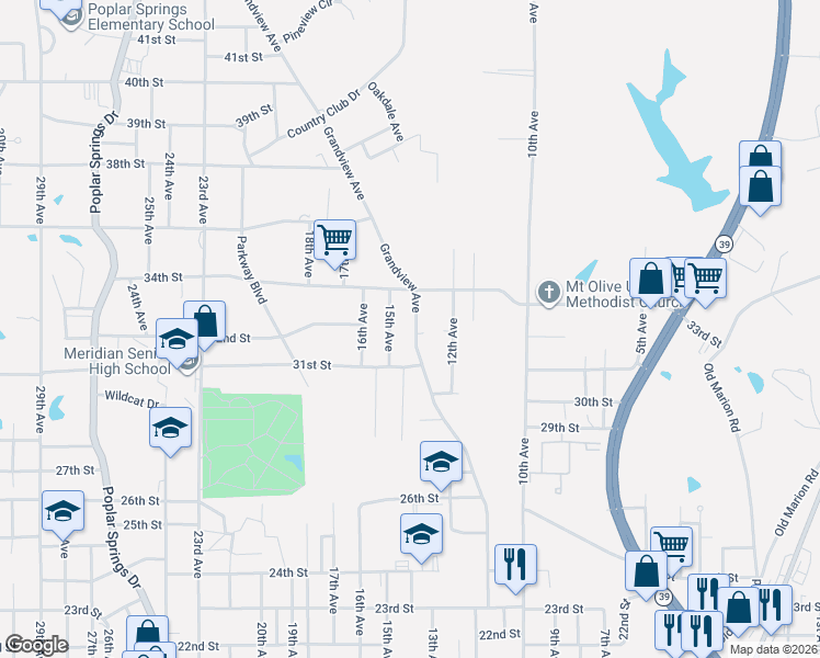 map of restaurants, bars, coffee shops, grocery stores, and more near 3136 15th Ave in Meridian