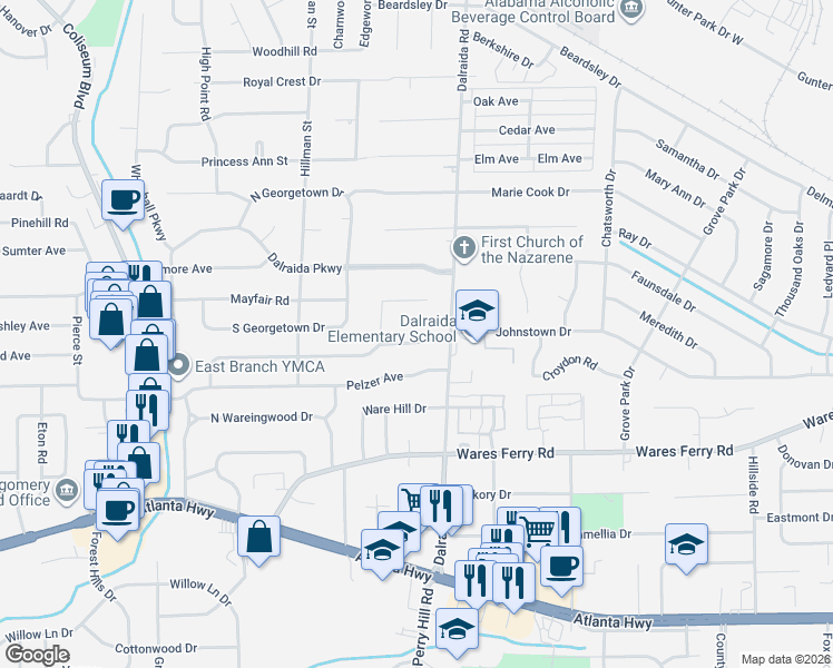 map of restaurants, bars, coffee shops, grocery stores, and more near 3733 Honeysuckle Road in Montgomery