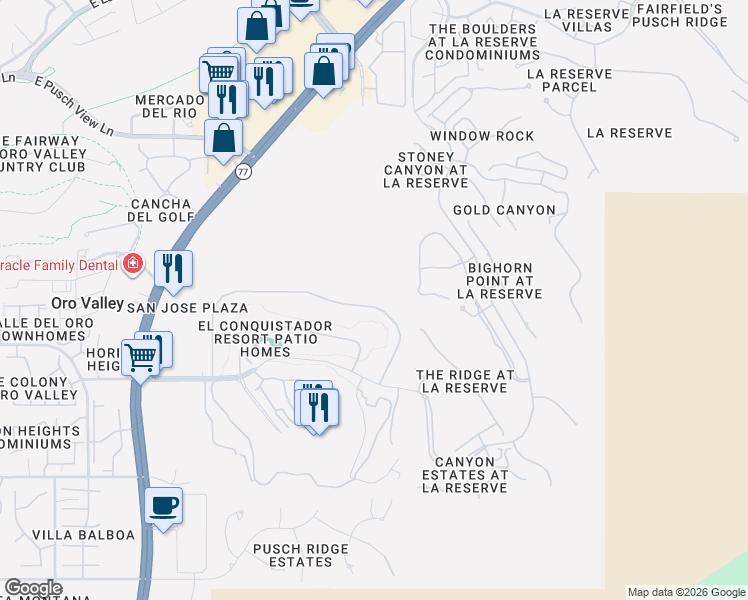map of restaurants, bars, coffee shops, grocery stores, and more near 1205 Camino Diestro in Oro Valley