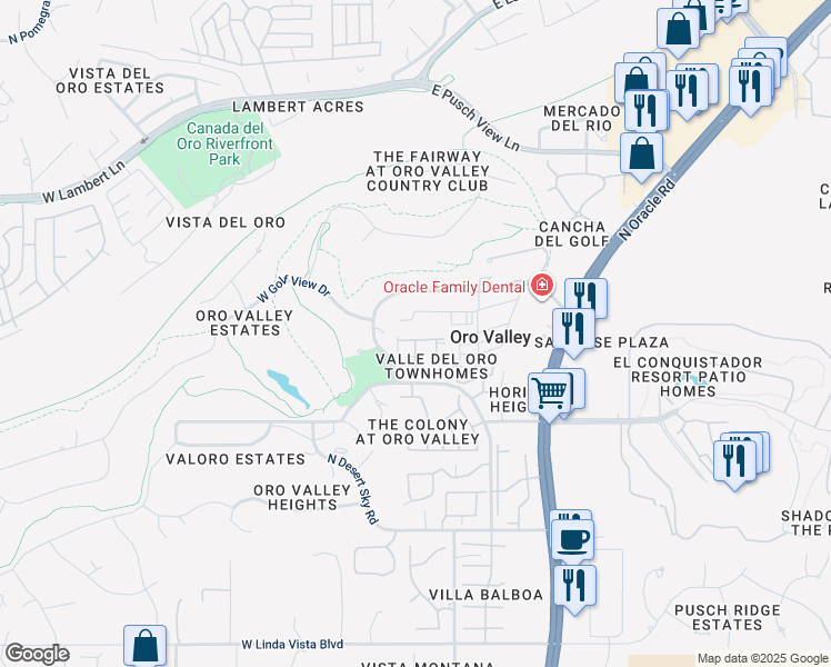 map of restaurants, bars, coffee shops, grocery stores, and more near 61 East Inverness Place in Tucson