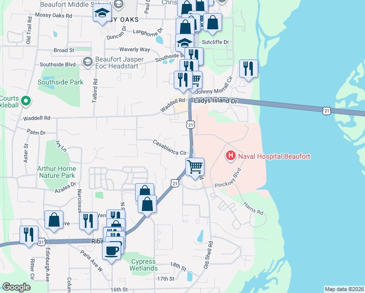 map of restaurants, bars, coffee shops, grocery stores, and more near 2334 Casablanca Cir in Port Royal
