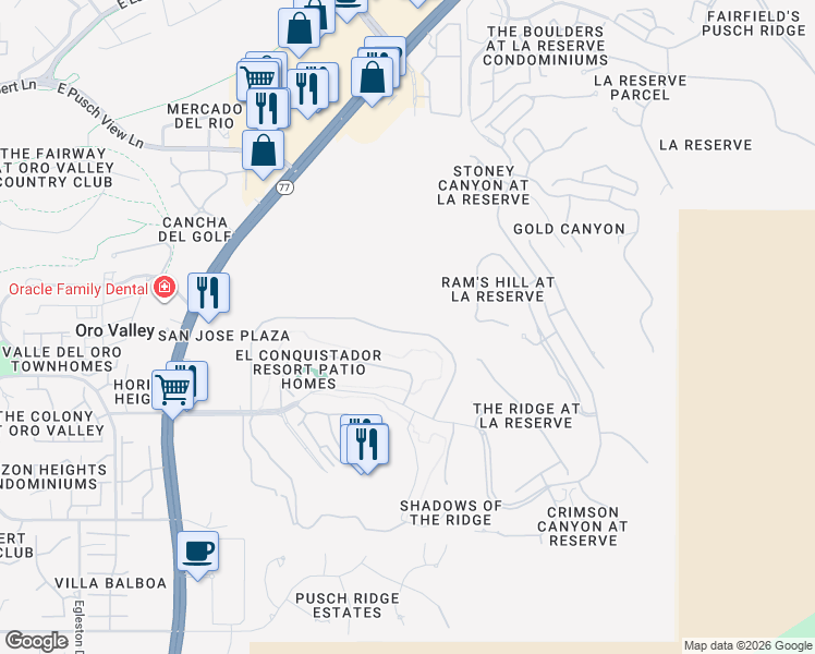 map of restaurants, bars, coffee shops, grocery stores, and more near 1135 Camino Diestro in Tucson