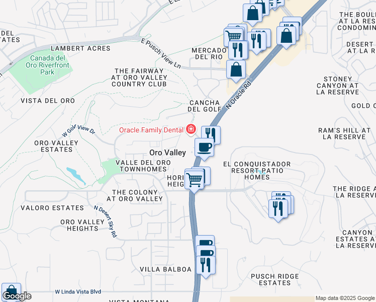 map of restaurants, bars, coffee shops, grocery stores, and more near 10175 North Oracle Road in Oro Valley