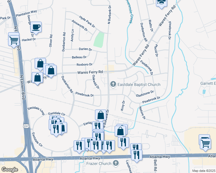 map of restaurants, bars, coffee shops, grocery stores, and more near 456 North Burbank Drive in Montgomery