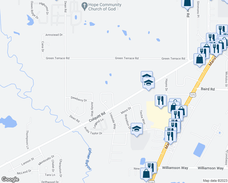 map of restaurants, bars, coffee shops, grocery stores, and more near 9401 Royalton Drive in Shreveport