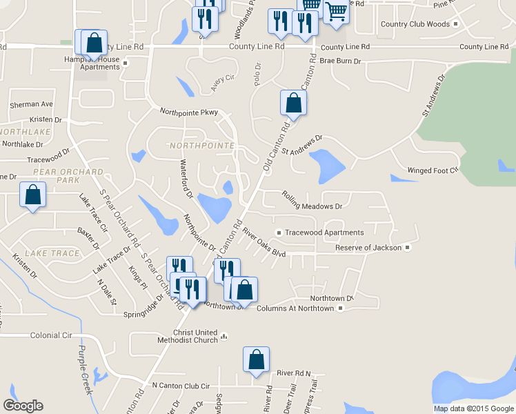 map of restaurants, bars, coffee shops, grocery stores, and more near 111 Rolling Creek Drive in Jackson