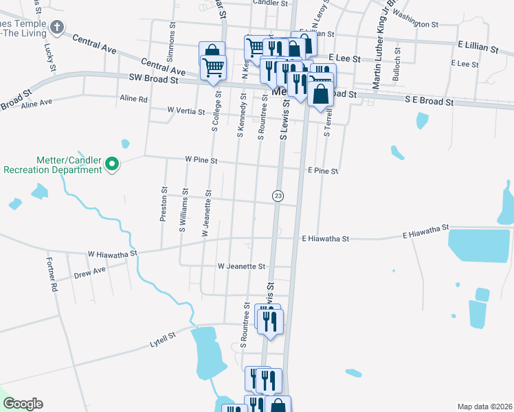map of restaurants, bars, coffee shops, grocery stores, and more near 405 East Neal Street in Metter