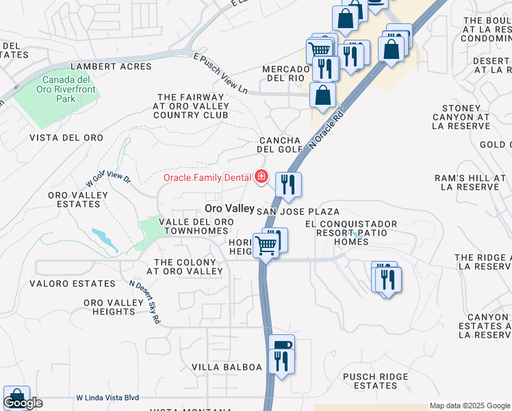 map of restaurants, bars, coffee shops, grocery stores, and more near 10175 North Oracle Road in Oro Valley