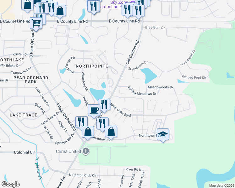 map of restaurants, bars, coffee shops, grocery stores, and more near 111 Rolling Creek Drive in Jackson