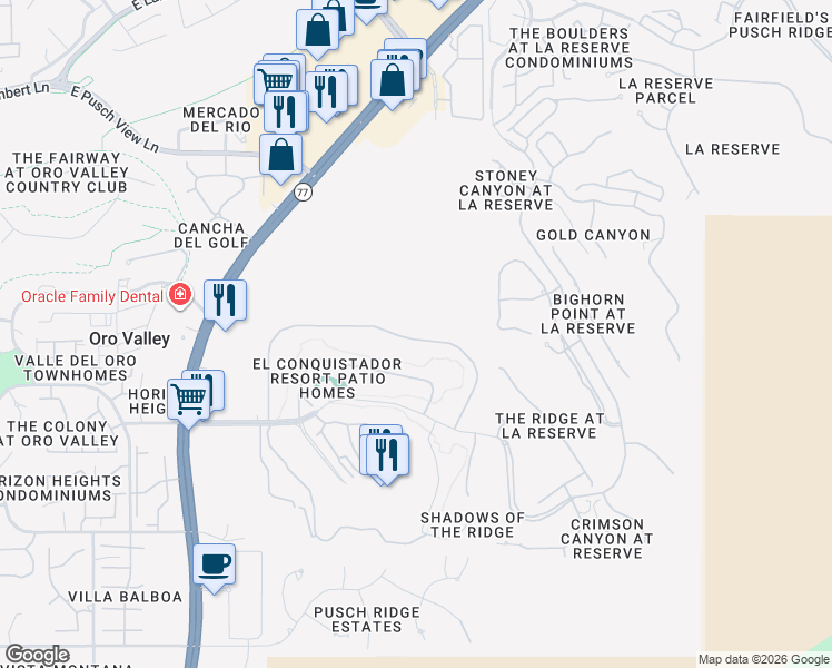 map of restaurants, bars, coffee shops, grocery stores, and more near 1101 Camino Diestro in Oro Valley