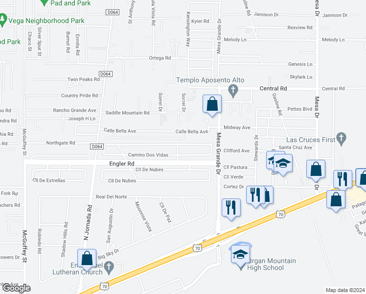 map of restaurants, bars, coffee shops, grocery stores, and more near 4571 Camino Dos Vidas in Las Cruces