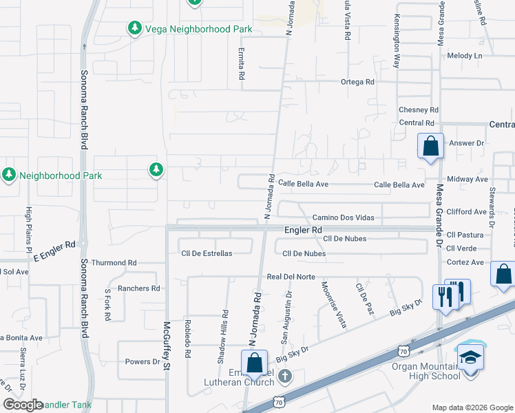 map of restaurants, bars, coffee shops, grocery stores, and more near 4237 Northgate Road in Las Cruces