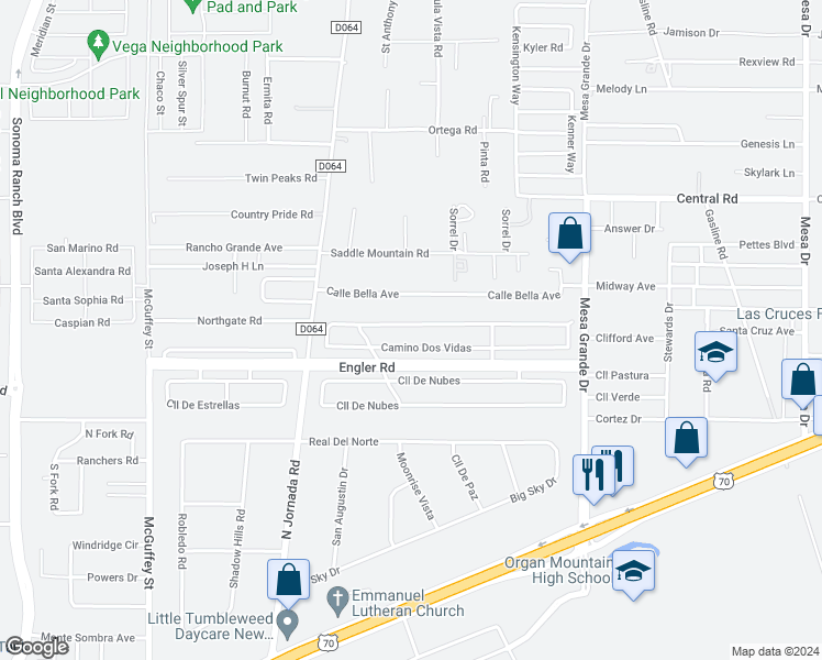 map of restaurants, bars, coffee shops, grocery stores, and more near 4469 Camino Dos Vidas in Las Cruces