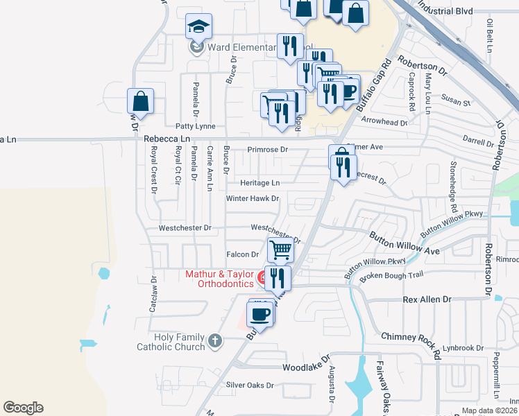 map of restaurants, bars, coffee shops, grocery stores, and more near 3218 White Wing Way in Abilene