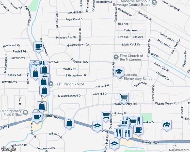 map of restaurants, bars, coffee shops, grocery stores, and more near 409 Honeysuckle Court in Montgomery