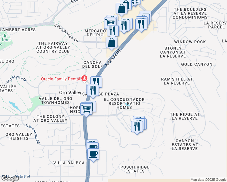 map of restaurants, bars, coffee shops, grocery stores, and more near 765 Camino Diestro in Oro Valley