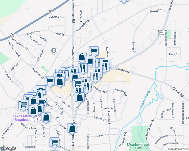 map of restaurants, bars, coffee shops, grocery stores, and more near 1204 N Kilgore St in Kilgore