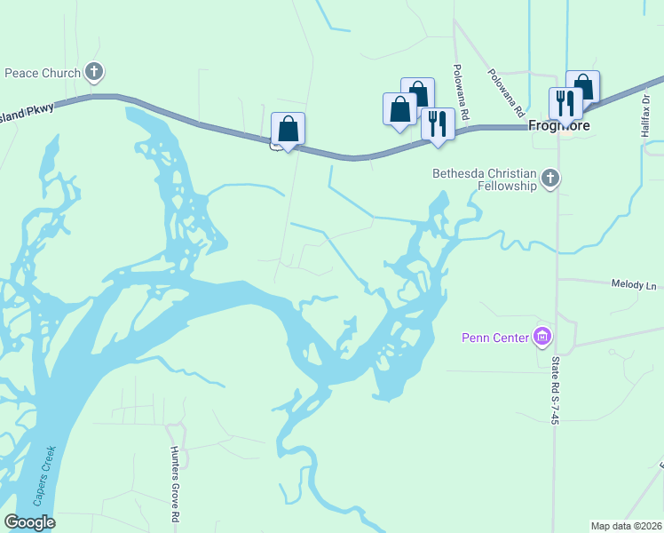 map of restaurants, bars, coffee shops, grocery stores, and more near 1 Fuller Plantation Drive in Saint Helena Island
