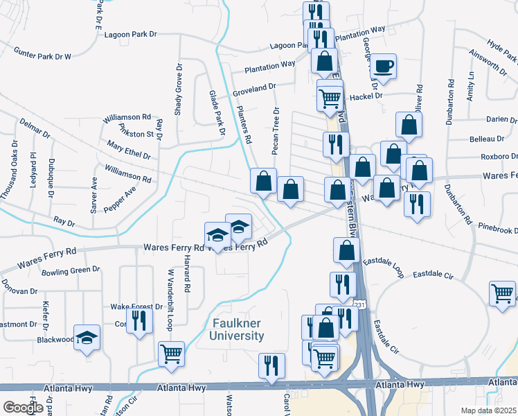 map of restaurants, bars, coffee shops, grocery stores, and more near 546 Hollow Wood Road in Montgomery