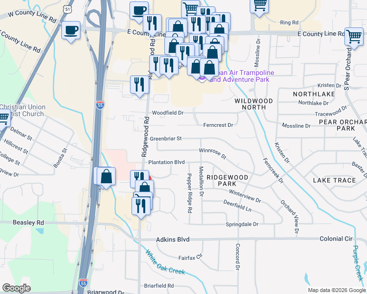 map of restaurants, bars, coffee shops, grocery stores, and more near 1150 Winnrose Street in Jackson