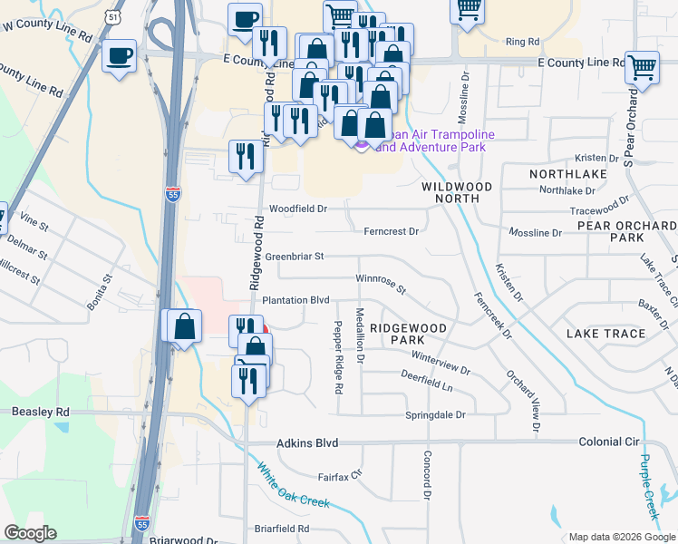 map of restaurants, bars, coffee shops, grocery stores, and more near 1150 Winnrose Street in Jackson