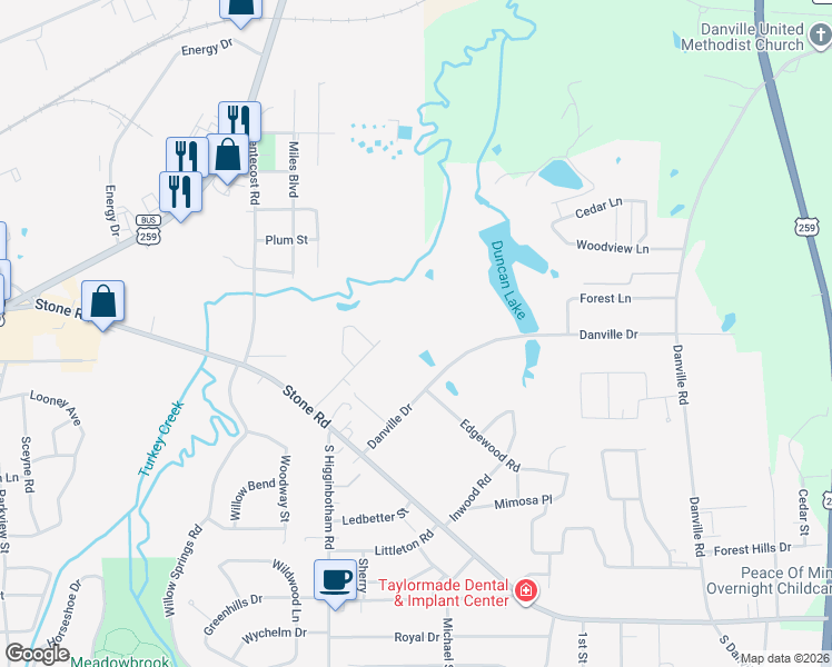 map of restaurants, bars, coffee shops, grocery stores, and more near 3223 Danville Drive in Kilgore