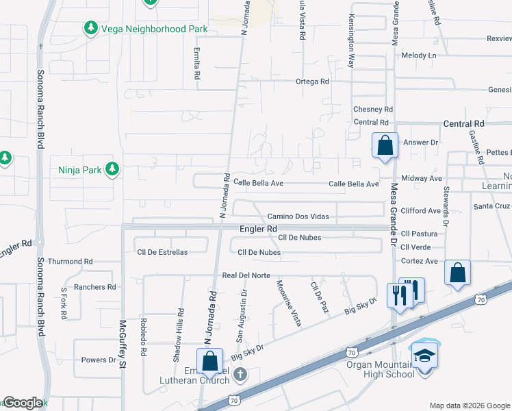 map of restaurants, bars, coffee shops, grocery stores, and more near 4409 Camino Dos Vidas in Las Cruces