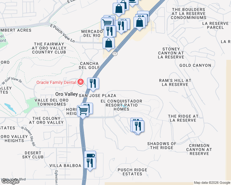 map of restaurants, bars, coffee shops, grocery stores, and more near 812 Camino Diestro in Oro Valley