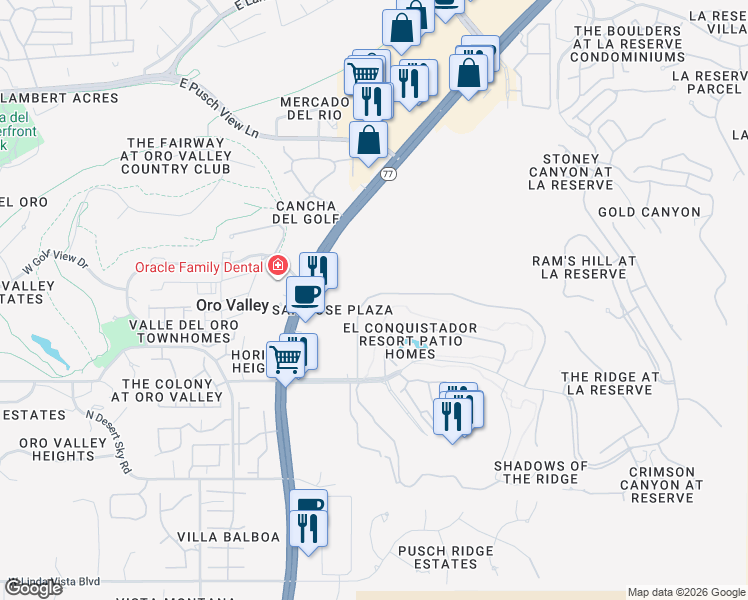 map of restaurants, bars, coffee shops, grocery stores, and more near 765 Camino Diestro in Oro Valley