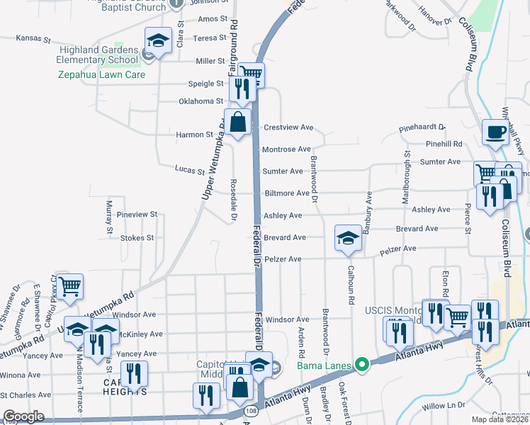map of restaurants, bars, coffee shops, grocery stores, and more near 1004 Federal Drive in Montgomery