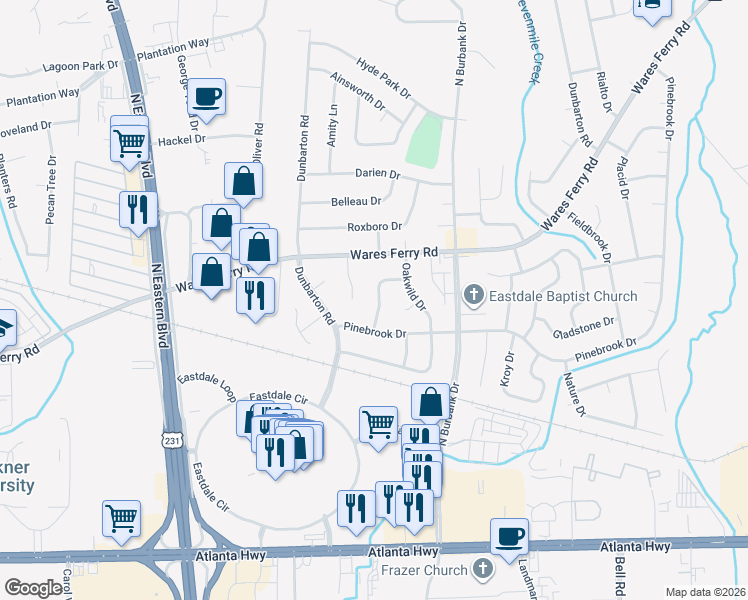map of restaurants, bars, coffee shops, grocery stores, and more near 327 Crest Hill Drive in Montgomery