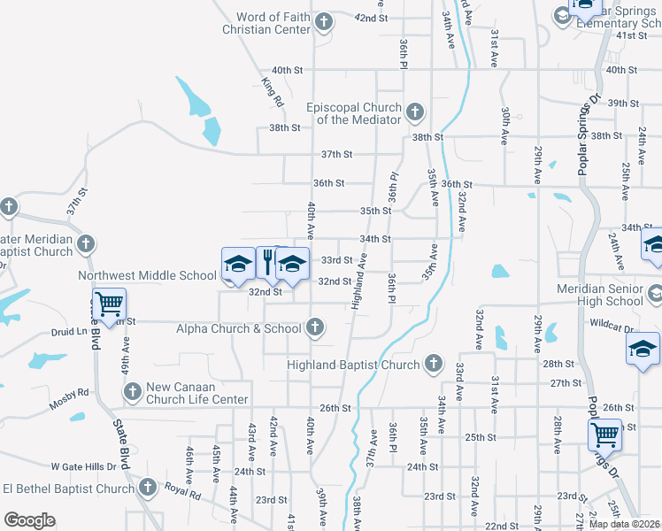 map of restaurants, bars, coffee shops, grocery stores, and more near 3905 33rd Street in Meridian