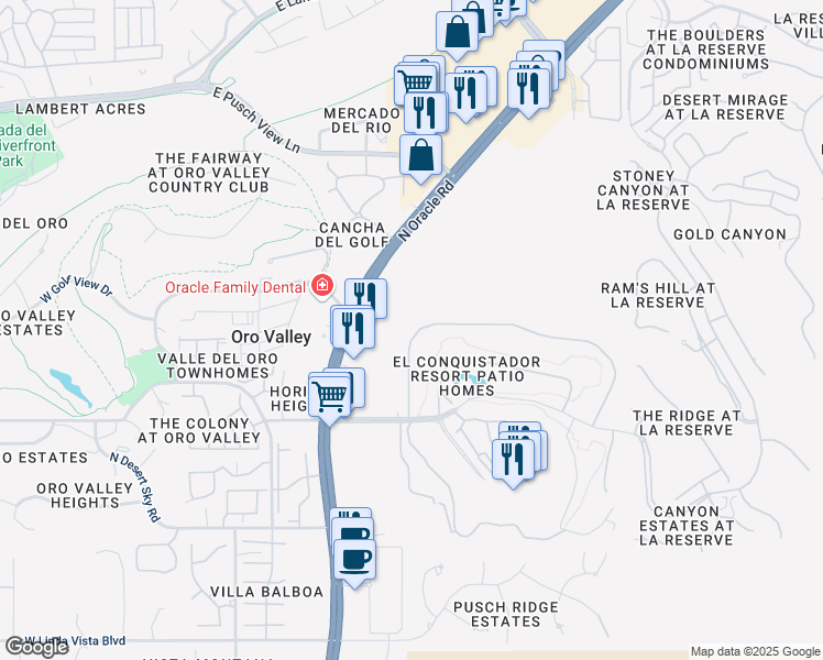 map of restaurants, bars, coffee shops, grocery stores, and more near 765 Camino Diestro in Oro Valley