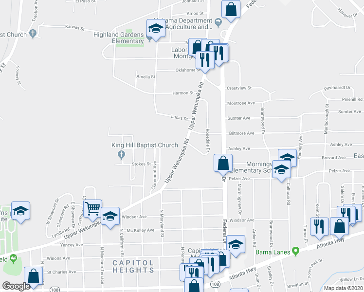 map of restaurants, bars, coffee shops, grocery stores, and more near 2157 Upper Wetumpka Road in Montgomery