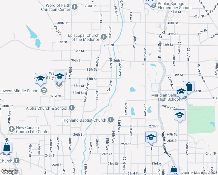 map of restaurants, bars, coffee shops, grocery stores, and more near 3503 33rd Street in Meridian