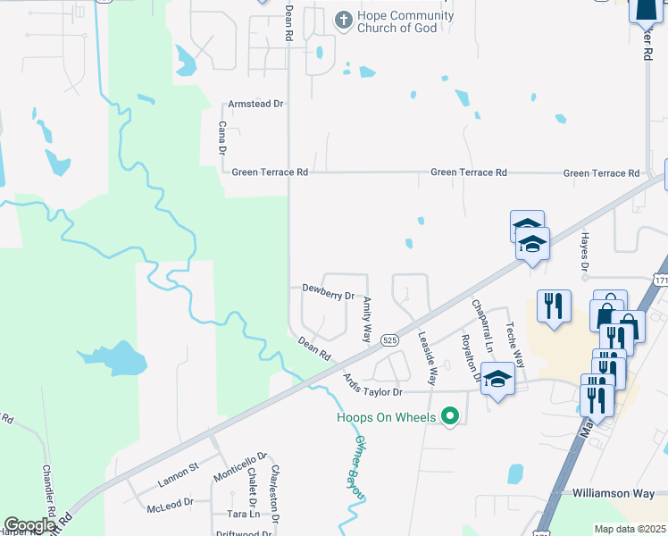 map of restaurants, bars, coffee shops, grocery stores, and more near 3516 Baywood Drive in Shreveport