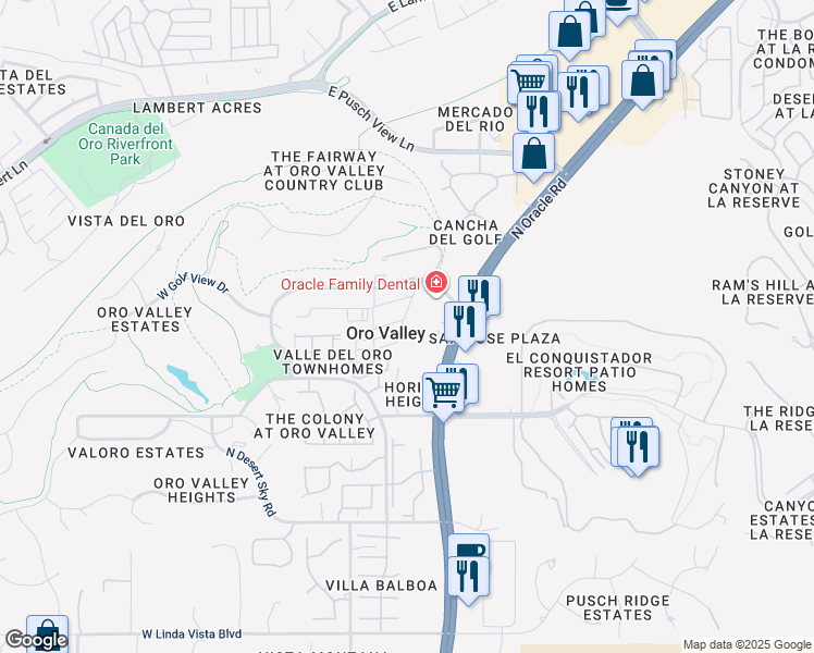 map of restaurants, bars, coffee shops, grocery stores, and more near 10160 North Valle Del Oro Drive in Tucson