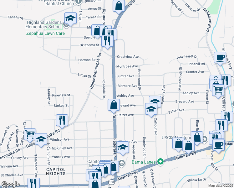 map of restaurants, bars, coffee shops, grocery stores, and more near 1004 Federal Drive in Montgomery