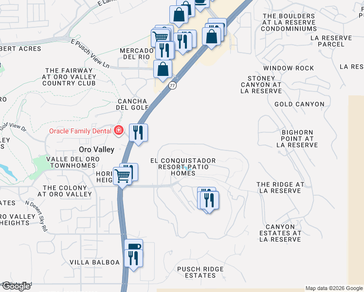 map of restaurants, bars, coffee shops, grocery stores, and more near 848 Camino Diestro in Oro Valley